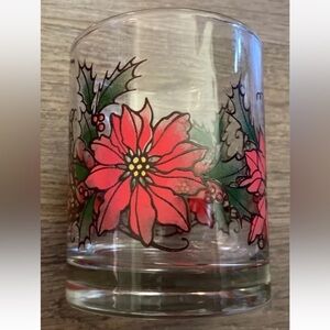 4 Vintage Christmas Drink Glasses Lowball Poinsettias Clear Red Green Excellent